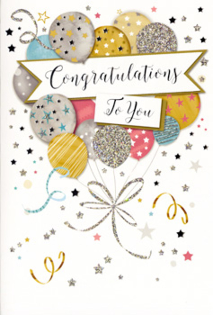 In this image, a sophisticated congratulations card is displayed, its design centred around a graceful cluster of celebration balloons that look as if they might lift right off the paper. The balloons overlap in a carefully composed arrangement, showcasing tones of soft gold, brushed silver, champagne, sky blue, blush pink, and gentle dove grey. Some are scattered with petite metallic stars, others are ringed with subtle stripes or dusted with glitter, creating a play of light that suggests the twinkle of party lights over a Weybridge garden gathering. Their slender ribbons arc downward in fluid curls of gold and silver, loosely entwining near the bottom edge of the card and tying the imagery into a single, cohesive bouquet. Across the middle, a sweeping banner stretches from side to side, bearing the sentiment Congratulations To You in ornate, flowing script that feels both timeless and heartfelt. Surrounding the central motif, tiny stars, curly ribbons, and fine dots of confetti drift across a pale, softly textured background, giving a sense of motion and lightness, like laughter spilling out of a celebration on Church Street. The palette is gentle yet festive, with a sophisticated sparkle rather than a loud, brash shine, making it suitable for everything from exam results to a big promotion or a new home near the River Wey. As a florist, I imagine pairing this card with a chic bouquet of seasonal flowers delivered locally, the card tucked just above the blooms so that when the recipient lifts it out, this delicate scene of balloons, stars, and swirling ribbons becomes the first thing they see and feel.