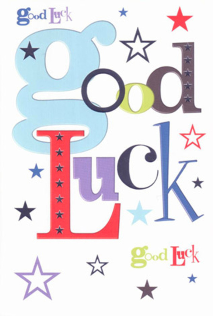 This photograph shows a delightfully upbeat good luck card, designed with the same sense of optimism you might feel walking through Weybridge on a bright spring morning. The card lies flat so the entire front is visible, its background a crisp, unmarked white that lets every colour and shape stand out. At the centre, the words Good Luck are built from a patchwork of large, characterful letters; no two letters are exactly the same. One is a wide, pastel blue curve, another a tall, slender black line, while others pop in lively cherry red, mossy green, plum purple, and softer cloud-blue and lilac tones, echoing an artist's playful sketchbook. The fonts range from chunky and rounded to neat and narrow, creating a sense of movement, almost like a friendly shout from across a school gate or office door. Dancing around the words are scattered stars in various sizes, each a neat five-point design in shades of midnight navy, smoky indigo, sky blue, lavender, and pale lemon. Some stars glow boldly, while others appear fainter, fading gently into the white, as if drifting out toward the edges of the card like a sky stretching above Churchfields or Brooklands Park at dusk. The print quality appears clean and smooth, with edges sharp enough that you can almost feel the light texture of premium, slightly velvety cardstock beneath your fingertips. The composition balances playfulness with clarity, making the card feel both fun and sincere. It's exactly the sort of design a local might choose to slip alongside a fresh bouquet delivered across Weybridge for a new job, university send-off, driving test, or any moment when someone needs to know that luck, and a lot of heartfelt support, are on their side.