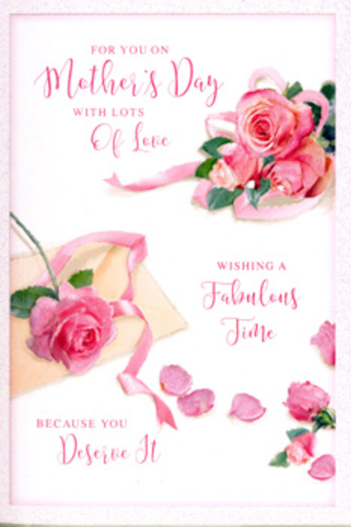 Set against a soft, uncluttered white background, this Mother's Day card features an artful arrangement of roses that feels as thoughtful as a professionally designed bouquet. In one corner, a trio of large pink roses nestles together, their petals layered in generous, velvety swirls that range from pale, almost creamy blush to a more saturated rosy pink at the centre. Smaller buds and petals spill outward like gentle confetti, creating a sense of easy movement, as if someone had just laid a fresh bouquet down on a table after returning from a stroll along the River Wey. Threaded between the roses, a delicate pastel ribbon loops and curves with a graceful, almost weightless quality, reminiscent of the finishing touches a florist adds before a bouquet leaves the shop. The light in the image is soft and flattering, with a subtle glow that suggests a bright but calm spring morning in Weybridge, perhaps the kind that invites open windows and the smell of fresh coffee as a Mother's Day surprise is prepared. Hand-lettered calligraphy stretches across the card, the message written in flowing script that harmonises with the curves of each petal and ribbon loop, expressing love, rest, and well-earned appreciation. There is an inviting intimacy to the composition, like a personal scene captured just before the card is tucked into an envelope and paired with a bouquet of real roses for same-day delivery to a mum in the local area. The overall effect is one of serene celebration, capturing the gentle strength and quiet grace so often found in a mother's care.