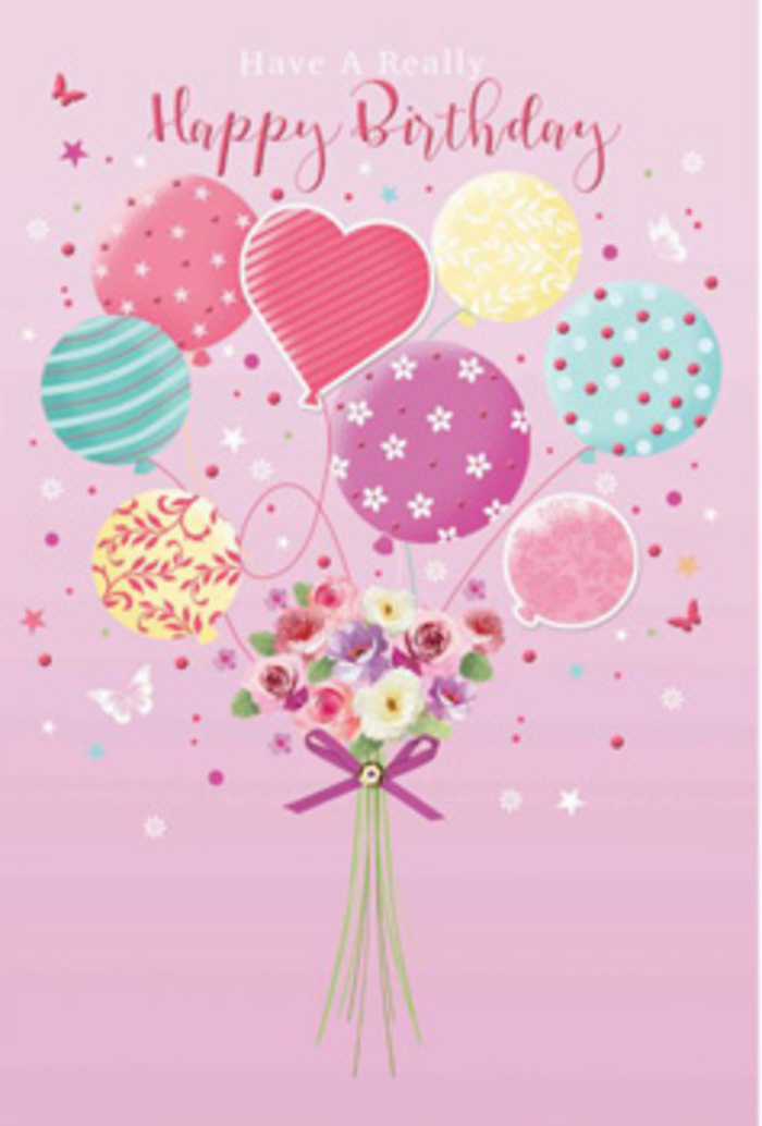 In this charming birthday scene, a bouquet of pastel balloons and flowers feels as though it has just drifted up from a celebration somewhere along Weybridge's leafy streets. The background is a velvety, soft pink, setting a romantic and cheerful stage. Rising from the centre, clusters of rounded balloons in pale sunshine yellow, rosy fuchsia, lavender, and cool sea green float together like a small cloud of happiness. Each one is embellished with its own personality: some show curling ribbons spiralling from top to bottom, others are dotted with lively polka dots, and a few carry whimsical, almost hand-painted motifs that evoke childhood parties and simple joy.

Anchoring this airy display is a petite hand-tied bouquet at the base, gathered tightly with a sparkling purple bow. The florals are dainty yet full, their petals shaded from cream to blush rose and soft mauve, like miniature garden roses and daisy-like blossoms freshly picked from a well-loved border. You can almost imagine their fragrance-sweet, light, and comforting-drifting through the air like the scent from a vase sitting in a home near Brooklands or St George's Hill. The greenery tucked between the blooms adds gentle texture, deepening the pastel palette.

Tiny butterflies and starry accents appear to flutter around the design, enhancing the feeling of gentle jubilation, as though the entire composition has paused in mid-celebration. Light glides across the balloons, capturing delicate reflections, while soft shadows underline the contours of each petal. The overall impression is of a lovingly considered birthday card illustration, the kind of design a thoughtful sender in Weybridge might choose when they want their birthday wishes to feel like a warm hug carried on balloons and fresh flowers.