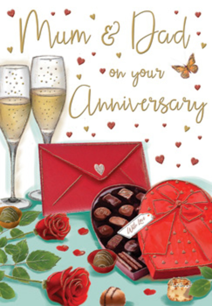 Luxurious anniversary card artwork depicting an intimate moment of celebration, the kind of scene you might create after a romantic walk by the River Wey. The composition focuses on a small table setting where two tall champagne flutes stand side by side, filled with effervescent golden bubbles that spiral upwards, catching the light with every rise. In front of them rests a heart-shaped box of chocolates, its deep red lid partially open to showcase perfectly arranged pralines and truffles, each one smooth and inviting. A full, neatly tied red bow crowns the box, its satin loops and trailing ends adding drama and texture. To one side, two red roses lie flat on the tabletop, stems trimmed, their petals plush and layered like a freshly prepared stem from a florist's bench-deep crimson against the fresh green of their leaves. Scattered chocolates and tiny heart motifs in shades of red and shimmering gold decorate the surrounding space, giving the card a festive yet intimate rhythm. A bold scarlet envelope, sealed and positioned invitingly, suggests a handwritten message inside-perhaps anniversary wishes or a love note exchanged between long-married partners. Gentle gold highlights, swirling lines, and delicate lettering weave through the scene, echoing the warmth, gratitude, and enduring affection of a shared life together in Weybridge. The whole image feels like a still frame from a cherished evening: roses on the table, chocolates within reach, glasses ready to clink, and all the tenderness of an anniversary celebration captured in one glowing design.