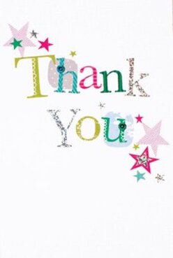 Brimming with cheerful energy, this thank you card is a patchwork of exuberant hues and textures, reminiscent of the vibrant displays found at Weybridge's Saturday flower market. The words 'Thank You' sweep across the front in a medley of fonts-some letters shimmering in silver, others twinkling in apple green, cerulean blue, or vivid magenta. Intricate details-tiny polka dots, delicate stitched borders, and the occasional playful curve-give each letter a character all its own, echoing the bespoke touches local florists craft for every bouquet. Light dances across the card, picking up flecks of glitter on the silver letters and scattering specks of joy from magenta, teal, and gold stars that drift around the message like confetti after a riverside gathering. The background is a luminous white, offering visual clarity that lets each color, pattern, and whimsical accent sparkle freely. There's a distinct tactile appeal: raised patterns suggest the pleasure of a card made by skilled hands, much like those behind every flower arrangement at Flowers Weybridge. Imagined nestled beside a vibrant posy, this card delivers not just thanks, but an uplifting celebration-warm, thoughtfully composed, and perfectly at home in Weybridge's friendly neighborhoods, from Oatlands to Brooklands. The overall effect is lively, heartfelt, and enduring.