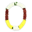 A richly detailed floral garland, arranged in an open oval or horseshoe shape, stands out crisply against a plain white background, making its three main colour bands especially striking. At the top, clouds of compact white flowers form a smooth, plush arc, their petite petals layered so closely that they create a sense of peace and purity, like a quiet prayer held in bloom. Moving down each side, the garland transitions into deep maroon sections where the petals are darker, slightly textured, and more shadowed, bringing a sense of depth, formality, and heartfelt respect. The curve at the bottom is alive with bright yellow blossoms, their lively yet soft glow suggesting comfort, gentle remembrance, and a promise of light amid grief. Slim touches of green leaves are tucked between the colour changes, offering flashes of natural freshness and guiding the eye along the garland's graceful line. The flowers look either beautifully fresh or artfully preserved, crafted with care so that the garland would drape smoothly over a portrait, rest along a casket, or encircle a sacred object during a service. The arrangement feels grounded in tradition yet adaptable to different cultural farewells, from temple-style tributes to more contemporary services in Weybridge's chapels and crematoria. The mix of white, maroon, yellow, and green creates an emotional balance-quiet sorrow, enduring respect, and a soft thread of hope-that reflects the way many local families wish to commemorate a loved one's journey with something simple, meaningful, and exquisitely made.