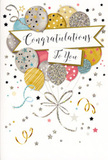 This congratulations card presents a serene yet joyful scene, as if a quiet moment of celebration has been captured on paper. A bouquet of balloons forms the focal point, rising gracefully from the lower area of the design and overlapping in soft, complementary shades of metallic gold, silver, warm champagne, cool blue, blush pink, and misty grey. Each balloon is adorned with its own subtle decoration-fine stripes, scattered stars, or a gentle wash of glitter that catches the light-so together they resemble a sky filled with softly glowing lanterns. Slender ribbons, illustrated in curling strokes of gold and silver, trail down from the balloons in loose spirals, mirroring the easy, flowing feel of a riverside walk through Weybridge. Around them, tiny metallic stars, swirling lines, and delicate specks of confetti float across a pale, almost luminous background, giving the artwork a sense of airiness and movement. Anchoring the design, a refined banner stretches horizontally across the middle, inscribed with Congratulations To You in elegant calligraphy that conveys warmth, respect, and genuine pride. The overall impression is one of refined festivity-celebratory without being overwhelming-perfect for slipping alongside a bouquet delivered to mark graduations, job promotions, or special achievements in the local area. As someone used to helping customers choose just the right finishing touch for flowers going out towards Addlestone, Byfleet, or central Weybridge, I recognise in this card the quiet, glowing joy of a job well done and a future full of promise.