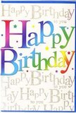 This image shows a single, beautifully designed birthday card whose front is dominated by the phrase Happy Birthday in bold, rainbow-coloured letters that immediately draw the eye, as if they were the focal point of a party table in a cosy Weybridge home. Each letter is thick and rounded, shifting through a smooth spectrum of colour from deep reds and playful pinks to regal purples, cool blues, lively greens and sunny yellows. The gradient effect makes the words feel dynamic and full of motion, like ribbons twisting in the air above a celebration. Set behind this striking message, the background is completely covered in delicate, looping script repeating Happy Birthday to you in fine gold. The handwriting is small, slanted, and elegantly spaced, forming a continuous pattern that adds texture rather than competing with the main phrase. The gold ink has a gentle metallic sheen, suggesting a soft sparkle that would catch daylight drifting through a window overlooking Church Street or Baker Street. Scattered lightly around the letters are subtle starbursts and tiny dots of colour, echoing the look of confetti sprinkled across a party table or the glow of tiny fairy lights. The card surface appears smooth and high-quality, with the interplay between the vivid, saturated rainbow letters and the refined golden background giving the design depth and sophistication. There are no illustrations of balloons, cakes, or flowers, yet the overall feeling is undeniably festive and heartfelt, like a cheerful companion to a bright birthday bouquet ready for hand-delivery across Weybridge by a local florist who understands how to make the day feel truly special.