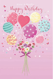 A whimsical birthday design unfolds like a quiet celebration in the heart of Weybridge, where balloons, flowers, and soft colour drift together in harmony. The backdrop is a smooth blush-pink canvas, calm and luminous, as if lit by gentle morning light. From the centre rises a collection of pastel balloons, each one distinct yet perfectly in tune with the others. Some glow in muted sea green and lavender, others in warm pink and light lemon, decorated with candy-like stripes, playful polka dots, and swirling patterns that seem almost hand-drawn. A heart-shaped balloon near the middle radiates affection, subtly stealing the viewer's gaze.

Below this cluster of floating colour, a hand-tied bouquet gathers at the base, brimming with delicate blooms reminiscent of roses and anemone-style flowers. Their petals are soft and feathery, layered in creamy ivory, blush pink, and misty mauve, reminiscent of fresh stems ready for delivery from a friendly florist near Weybridge town centre or along Heath Road. The stems are pulled neatly together and tied with a lush violet satin bow, its sheen catching the same imaginary light that glints off the balloons above.

Scattered around the scene, dainty star shapes and tiny fluttering butterflies introduce a hint of fairy-tale magic, as though the bouquet has sprung from a birthday wish. The composition feels light as a spring morning along the Thames Path-airy, joyful, and unforgettable. It captures the spirit of sending birthday flowers within Weybridge and neighbouring villages, not just as a card, but as a floating promise of happiness, sweetness, and being lovingly remembered.