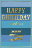 This birthday card feels like a calm breath in the middle of a cheerful celebration, the kind you might enjoy after a leisurely birthday brunch in Weybridge with friends. The front is covered in wide, horizontal stripes that move from dark navy at the bottom up through teal, sea blue, and soft sky tones at the top, forming a tranquil ombré of blues. These layers create the impression of depth, like distant horizons stacked one above the other, giving the design a quiet, contemplative energy. Standing clear in the middle, the words HAPPY BIRTHDAY appear in bold, embossed gold lettering. The capitals are strong yet refined, and the metallic finish shimmers subtly as light passes over the surface, suggesting celebration without any sense of fuss. Just below the main greeting, a delicate golden flourish stretches horizontally, its curved lines adding a graceful, traditional touch that softens the bold text above. Beneath this flourish, three slim gold banners are neatly aligned, each ribbon carrying part of the friendly message: Relax, have a great day and enjoy! The gold appears again as a fine border that traces the edges of the card, enclosing the layered blues like a frame around a favourite picture. When you imagine holding it, you can sense the smoothness of the card stock and the gentle lift where the gold is embossed. Paired with a simple bouquet of seasonal blooms arriving at a Weybridge doorstep, this card offers not just birthday wishes but an invitation to unwind, smile, and truly enjoy the day.