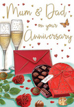 Richly detailed anniversary card illustration evoking a private celebration at home in Weybridge, just after flowers have been placed on the table and dinner is about to begin. At the heart of the design are two graceful champagne flutes standing close together, filled with pale gold fizz, each rising bubble catching hints of soft, warm light. In the foreground, a heart-shaped box of chocolates in an opulent red sits open, its interior lined with neat rows of glossy truffles, some already lifted out and scattered as though shared in easy conversation. A lush red satin bow curves across the lid, its loops full and tactile. Resting near the chocolates are two red roses, their velvety petals illustrated with the same care a florist gives when selecting the best stems for an anniversary bouquet-deep crimson blooms framed by fresh green leaves. Tiny hearts in shades of ruby and metallic gold drift around the composition, adding movement and a playful romantic energy. A rich scarlet envelope, sealed and slightly overlapping the scene, quietly hints at a personal, handwritten message, perhaps from children thanking Mum & Dad for years of love. The card glows with warm reds, creams, and golden tones, echoing the atmosphere of a cosy dining room or favourite local restaurant. It feels like a moment suspended in time: chocolates waiting to be savoured, champagne ready for a toast, and the reassuring sense of a love story that has grown and deepened within the Weybridge community over many shared anniversaries.